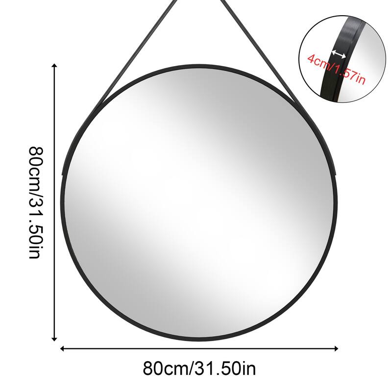 Round Wall Hanging Bathroom Vanity Mirror with Leather Strap Black Aluminum Frame