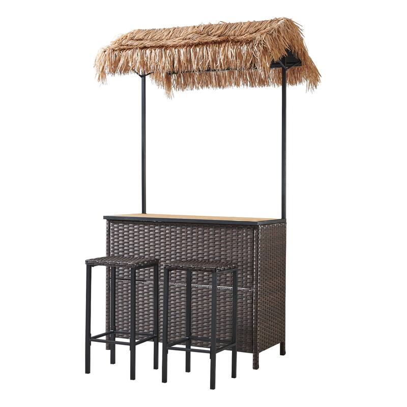 Pocassy Outdoor Patio Tiki Bar Set with 2 Stools Storage for Garden