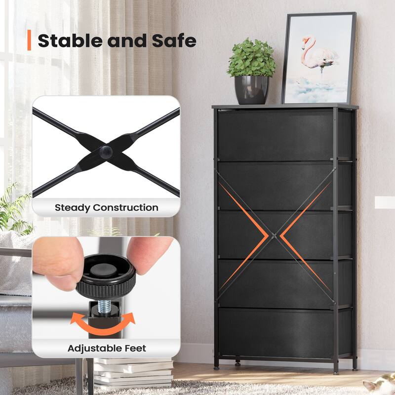 Pellebant Fabric Vertical Dresser Storage Chest Tower with 5 Drawers