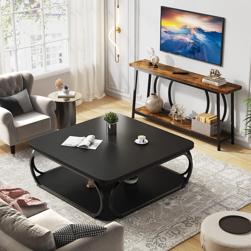 39" Large Square Wood Coffee Table, 2 Tier Tea Table with Storage Shelf, Center Table for Living Room & Home Office