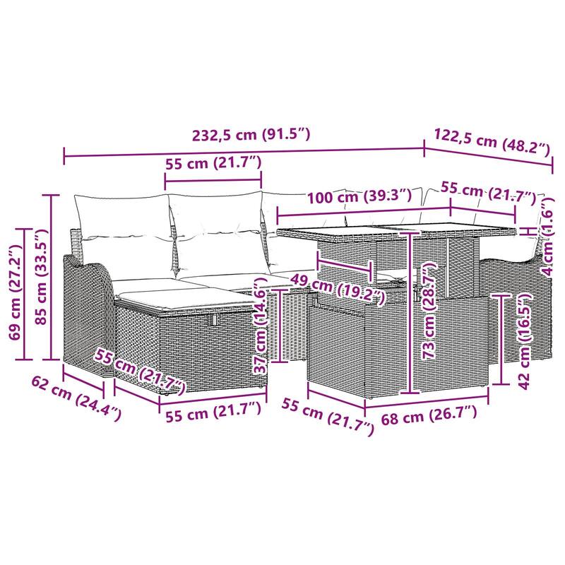 vidaXL 7 Garden Sofa Set with Cushions Black/Brown/Grey Poly Rattan - 91.5 x 48.2 x 27.2