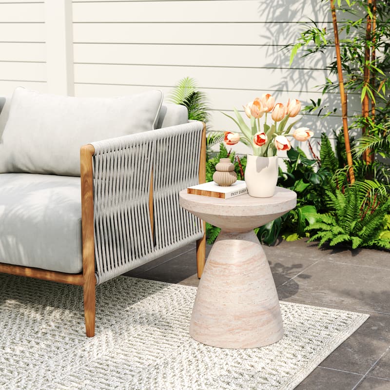 Roomfitters Outdoor Indoor Lightweight Side Table, Travertine Finish Accent Table for Patio, Garden, or Living Room - Beige