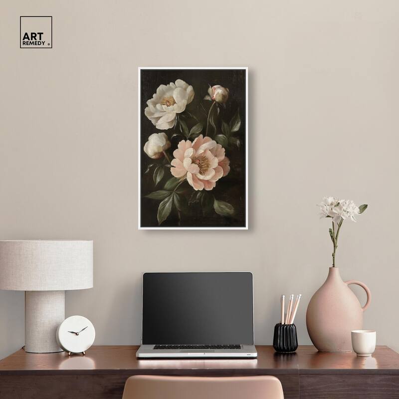 White Peonies in Dark II Canvas by Art Remedy