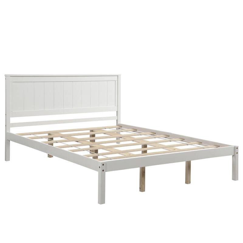 Queen Platform Bed with Headboard, Wood Slat Support, No Box Spring Needed, White