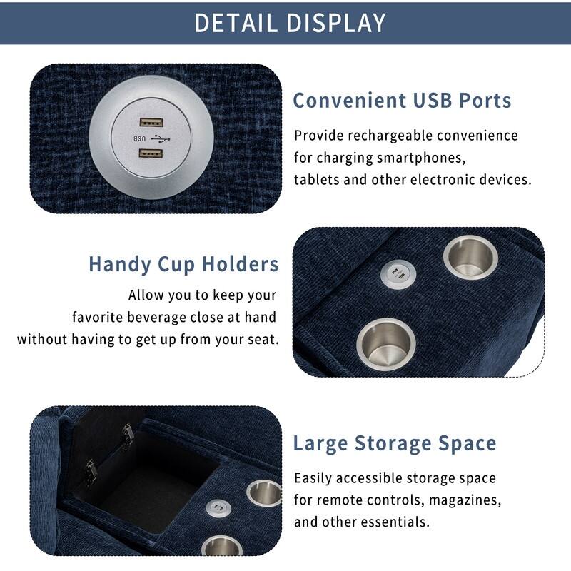 112.6 "Chenille Upholstered Sofa, Two Removable Ottomans, Two USB Ports