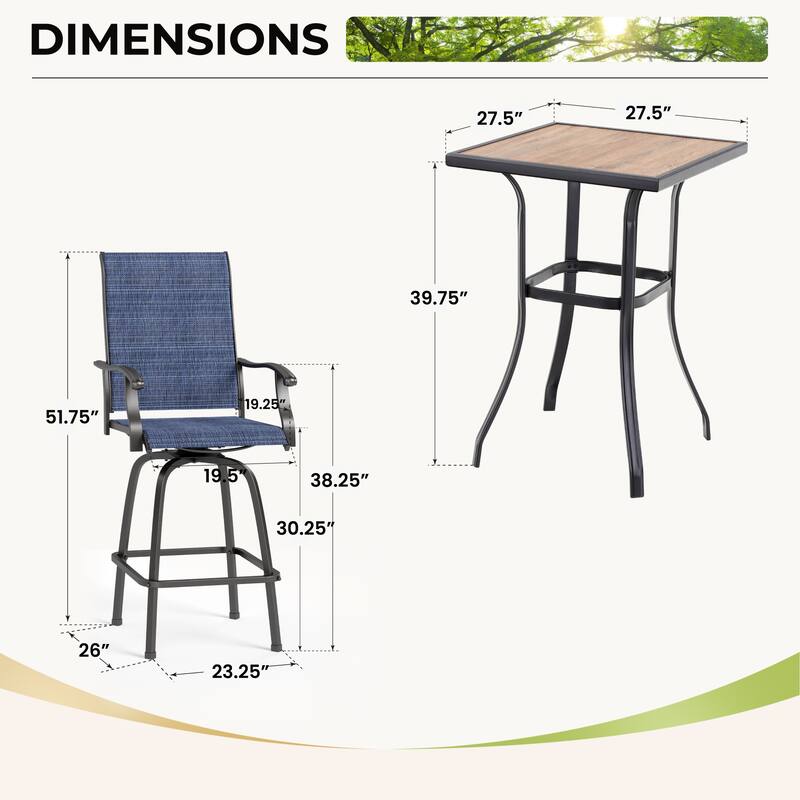 MAISON ARTS 3-piece Outdoor Swivel Bar Stool and Table Bistro Set