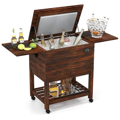 Gymax 54 Quart Rolling Wooden Patio Cooler Cart w/ 2 Drop Leaf Tables
