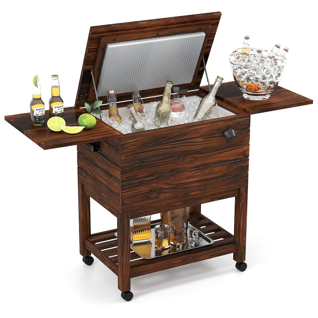 Gymax 54 Quart Rolling Wooden Patio Cooler Cart w/ 2 Drop Leaf Tables
