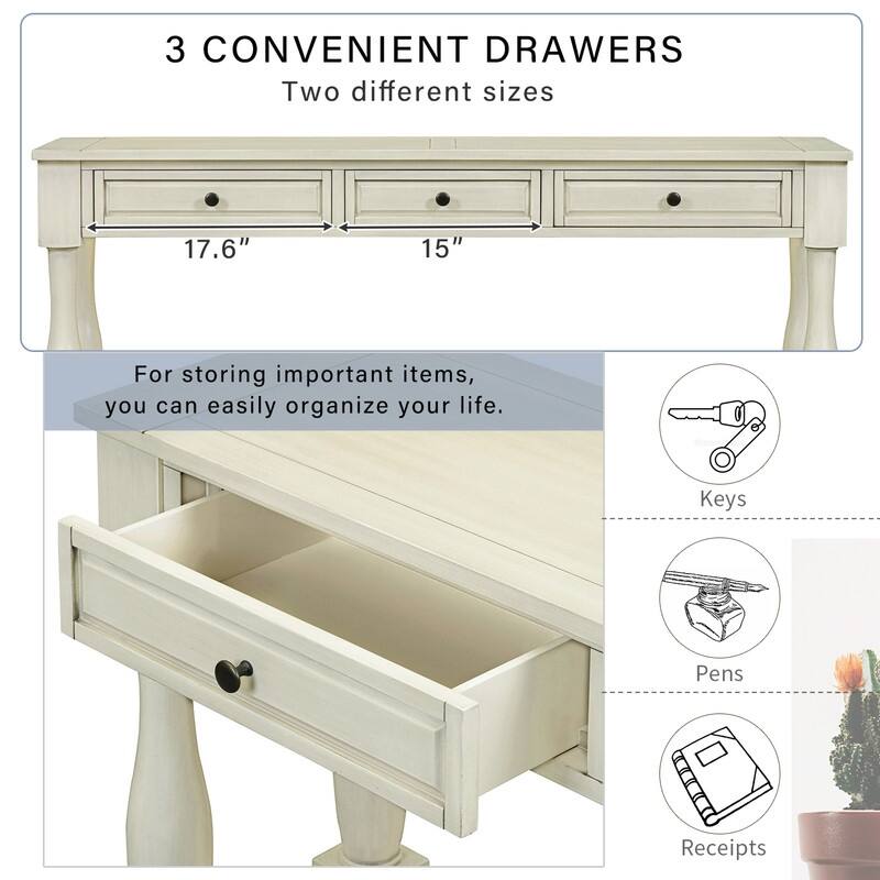63"Long Console Table with 3 Drawers and Shelf for Entryway and Living Room in Mediterranean Design