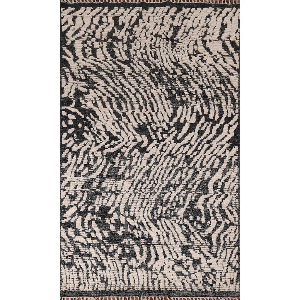 Black Ivory Moroccan Abstract Area Rug Hand-Knotted Wool Carpet - 5'0"x 8'5"