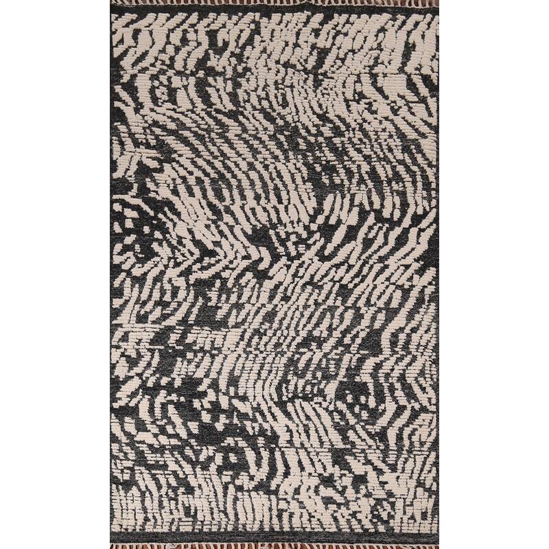 Black Ivory Moroccan Abstract Area Rug Hand-Knotted Wool Carpet - 5'0"x 8'5"