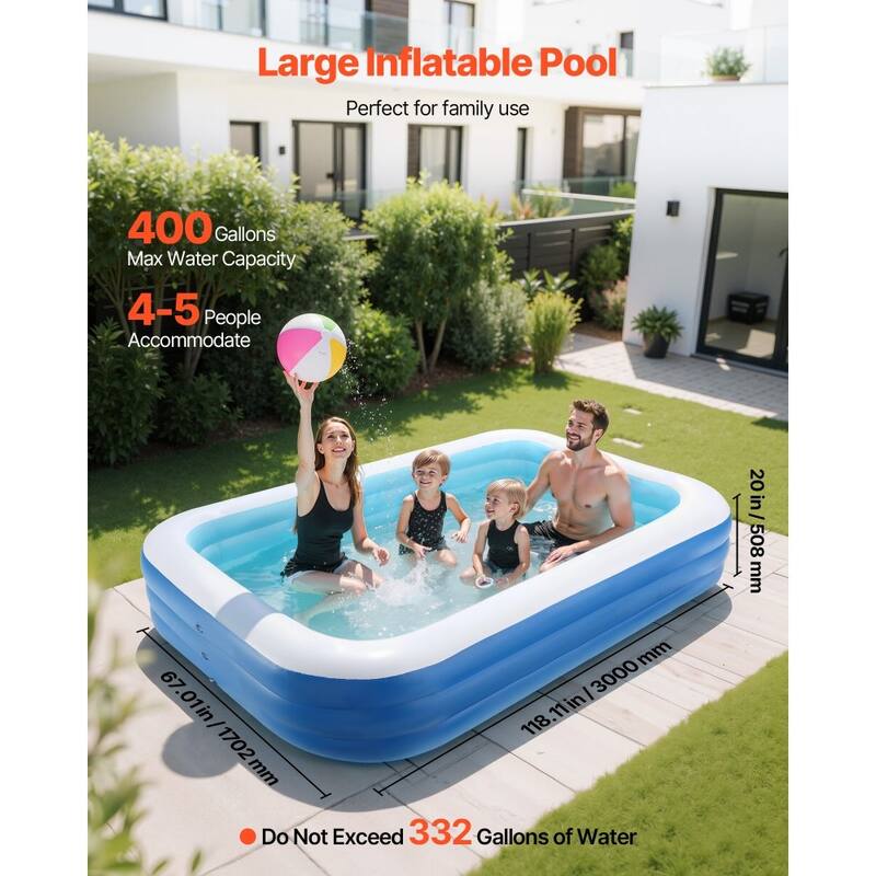 Blue PVC 3-Layer Rectangular Inflatable Pool with Drain and Patches - 118.11 x 67.01 x 20 inch