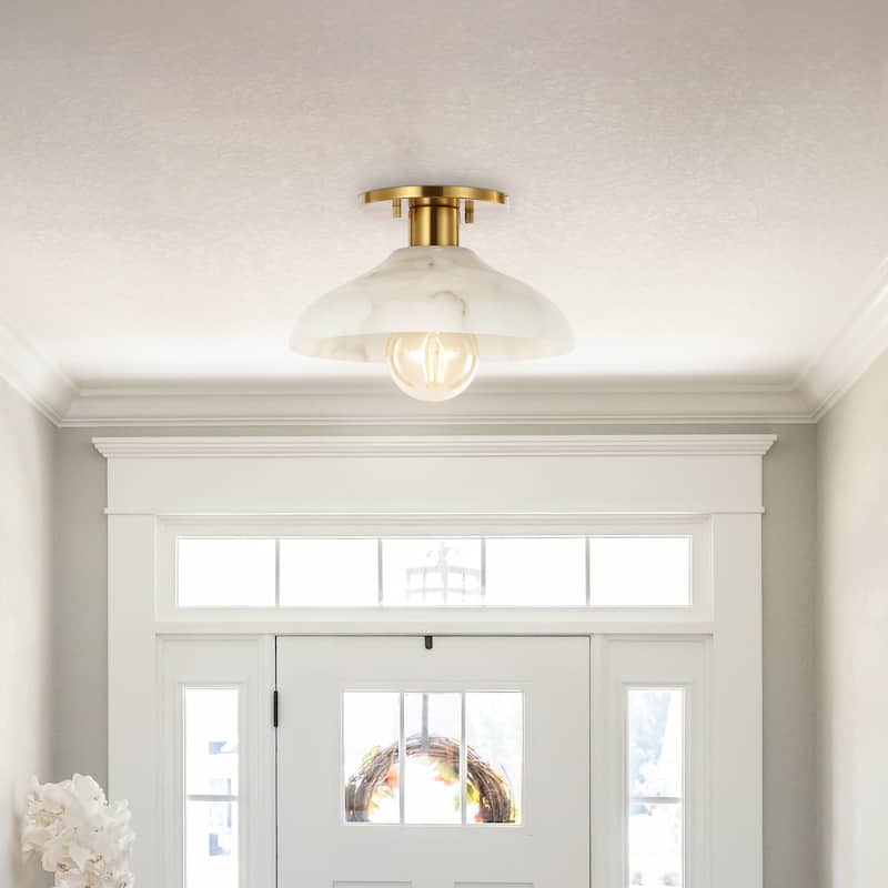 Aubrey 10" 1-Light Mid-Century Classic Alabaster/Iron LED Semi Flush Mount, White/Brass Gold, by JONATHAN Y