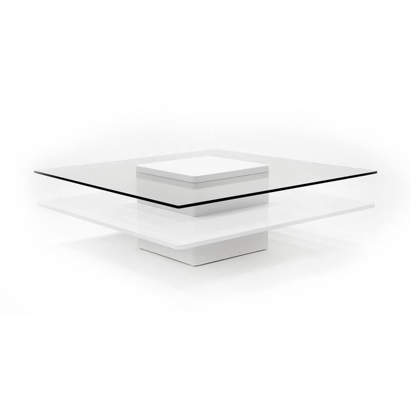 Cid Cobi Coffee Table, 39 Inch Square Clear Glass Top, White Veneer Base