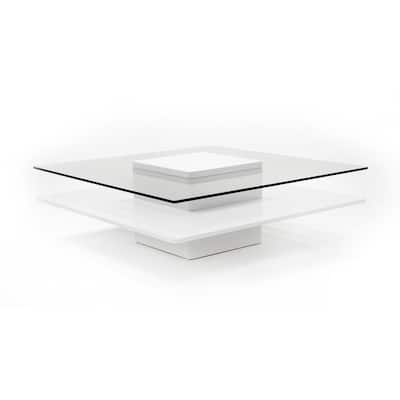 Cid Cobi Coffee Table, 39 Inch Square Clear Glass Top, White Veneer Base