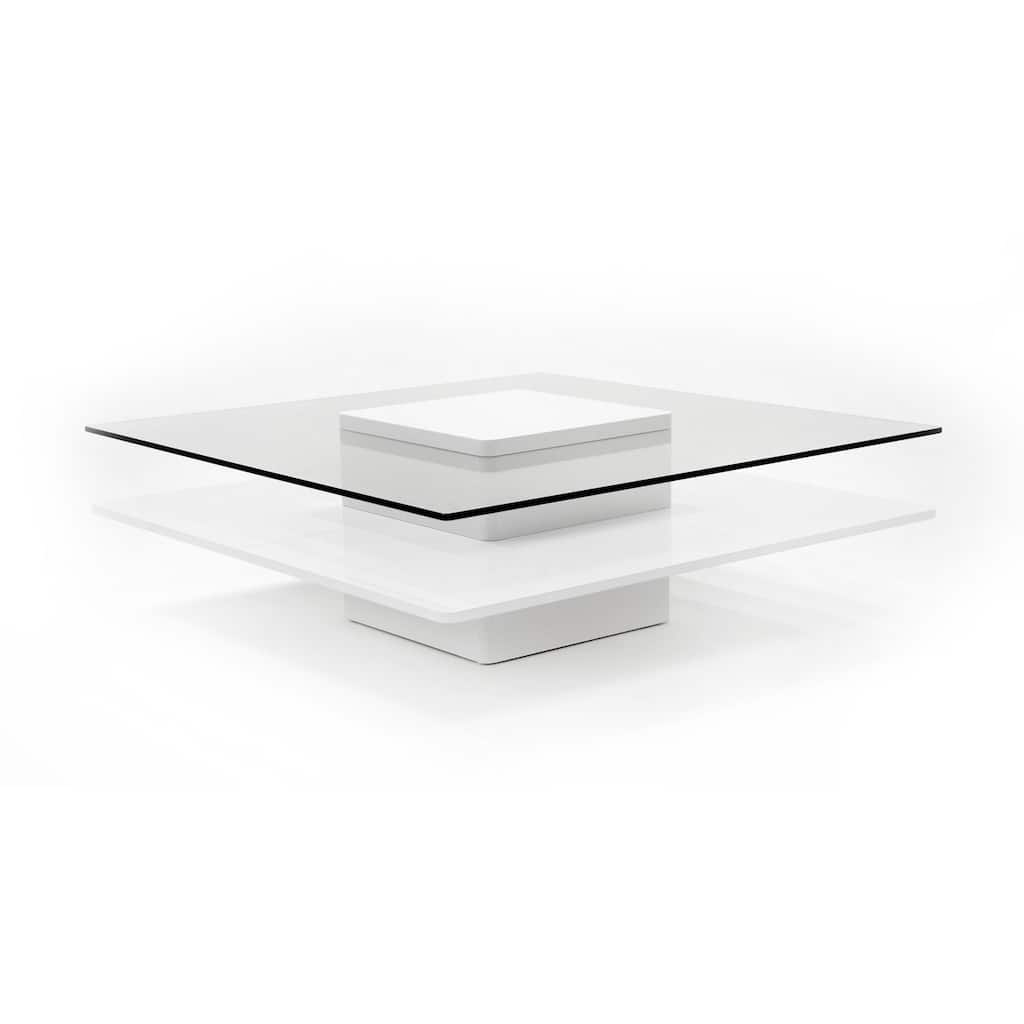 Cid Cobi Coffee Table, 39 Inch Square Clear Glass Top, White Veneer Base