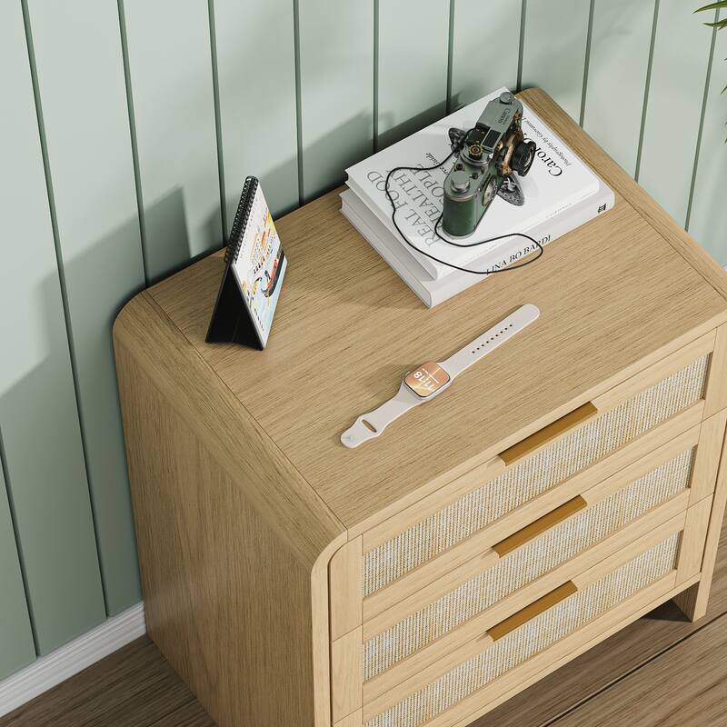22.8" Rattan Nightstand with 3 Drawers, Curved Wooden Bedside Table with Modern Boho Design