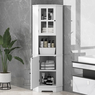 23.2 in. W x 15.9 in. D x 65 in. H White Tall Corner Linen Cabinet with ...
