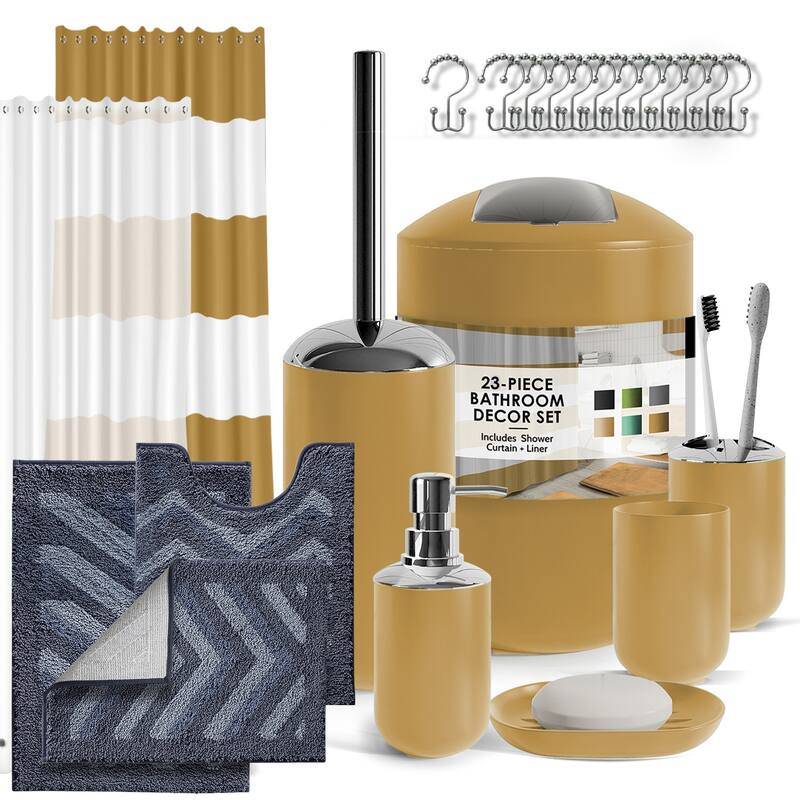 Clara Clark Bathroom Accessories Set with Shower Curtain and Rugs - Gold