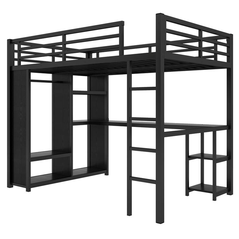 Black Metal Loft Bed Frame with Built-in Wardrobe, Desk and Shelves