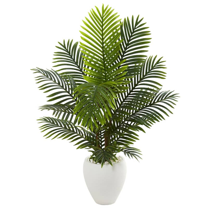 Artificial Palm Tree Indoor 4.5Ft White Planter Tropical Decor Lush Greenery - 4.5ft.