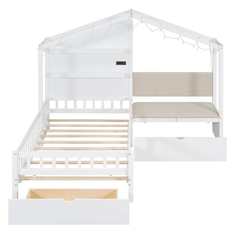 Twin Size House Bed with Upholstered Sofa, House Bed with Charging Station