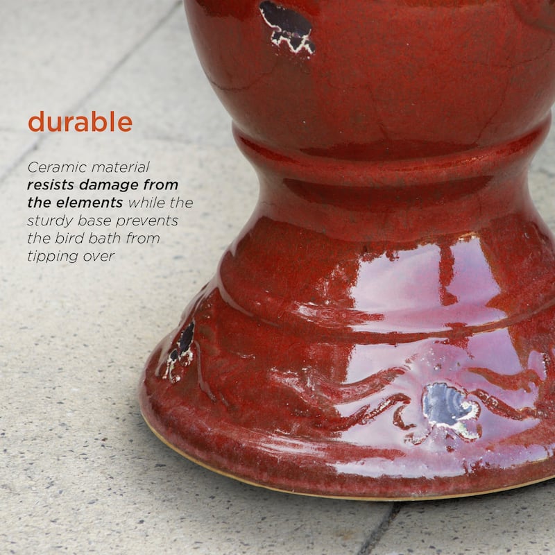 Alpine Corporation 25" Tall Outdoor Ceramic Antique Pedestal Birdbath with 2 Bird Figurines, Red