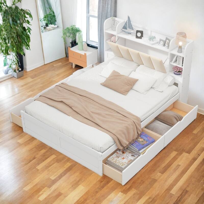 Queen Size White Wood Platform Bed with Storage Headboard, Shelves and 4 Drawers