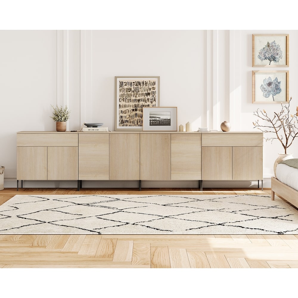 126" Modern Reeded Drawer Dresser Set With Doors, Minimalist Chest Of Drawers With Storage