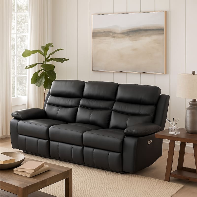 Hanna Power Dual Reclining Sofa, Black Top Grain Leather, USB, 87 Inch