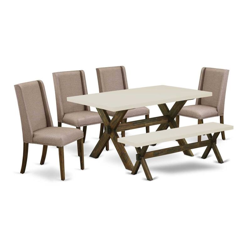 HomeStock 6-Pc Rectangle Distressed Jacobean Finish Solid Wood Top Dining Table with 1-Bench, 4-Chairs