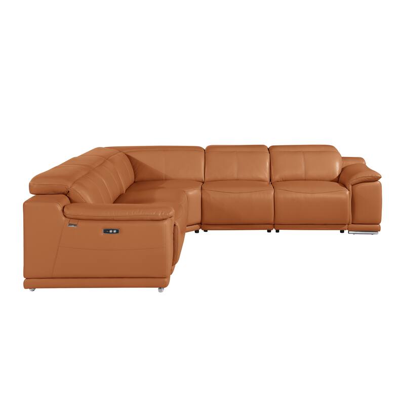 HomeRoots Camel Italian Leather Modular L Shaped Five Piece Corner Sectional