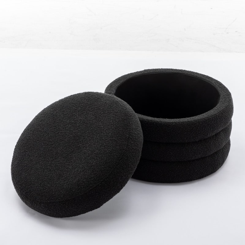 Boucle Fabric Storage Round Ottoman Footstool With Wooden Shelving