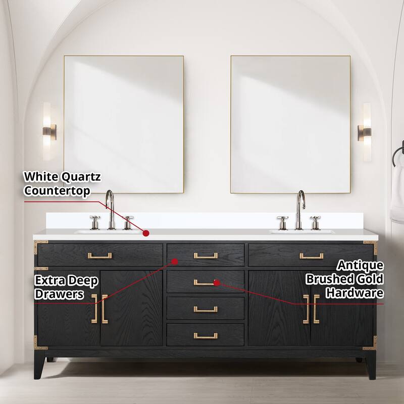 Laurel 60 in W x 22 in D Black Oak Double Bath Vanity, White Quartz Top, Faucet Set, and 28 in Mirrors