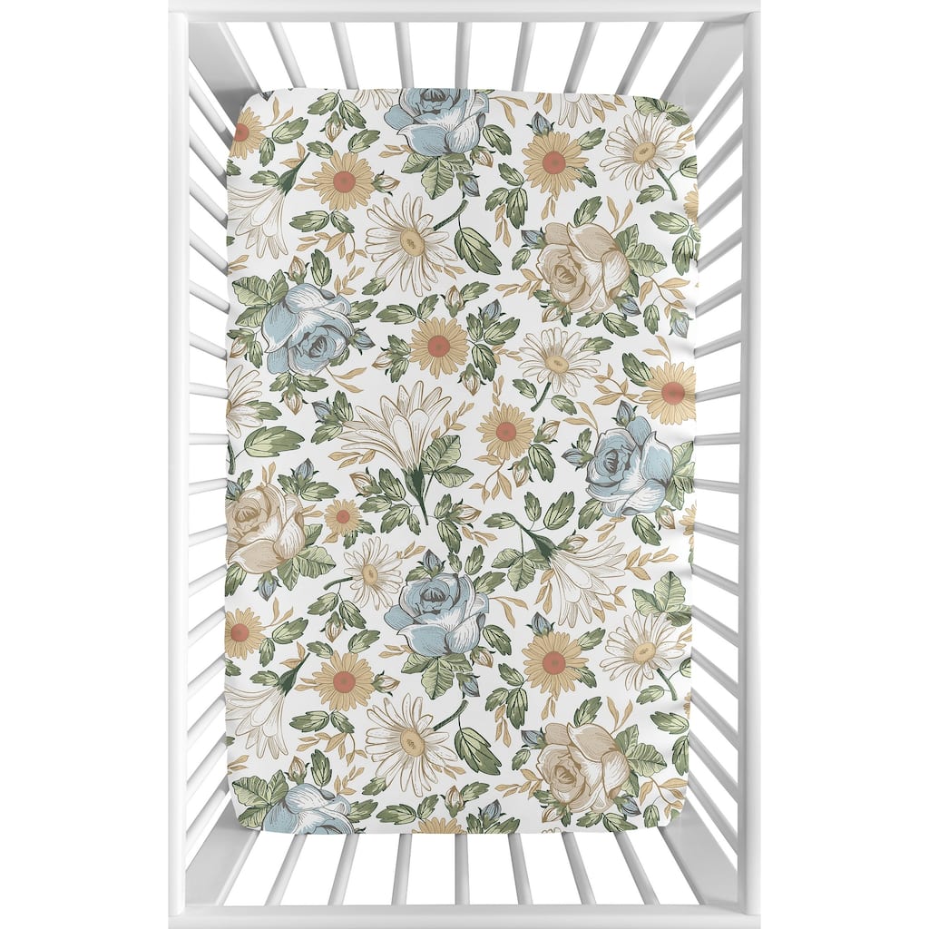 Baby Girl Fitted Mini Crib Sheet Vintage Floral Blue Yellow Portable Crib Pack Play Taupe White Shabby Chic Flower Boho Bohemian