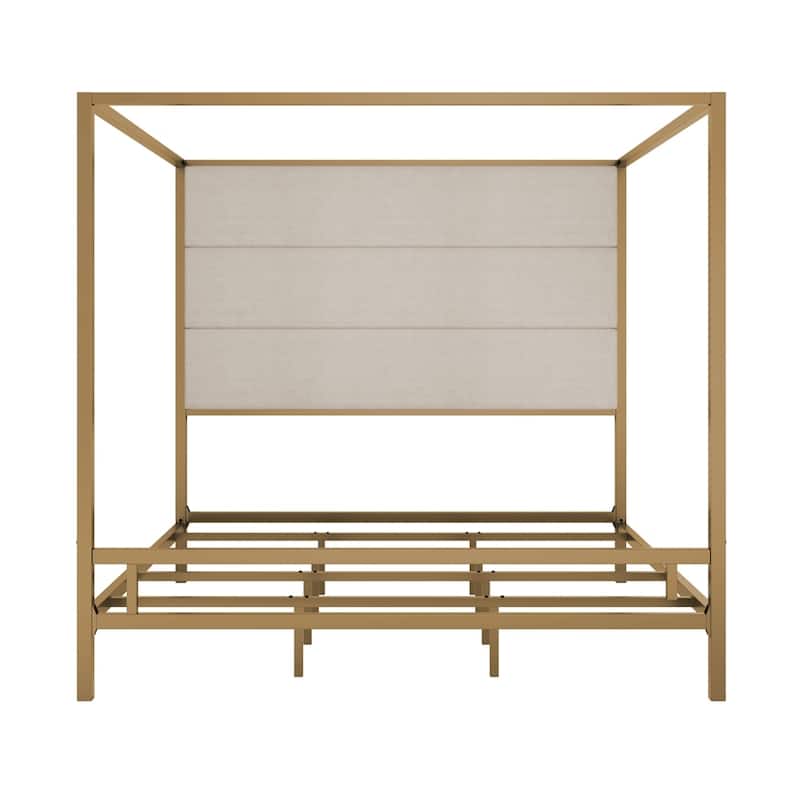 Metal Canopy Bed with Velvet Fabric Upholstered Headboard