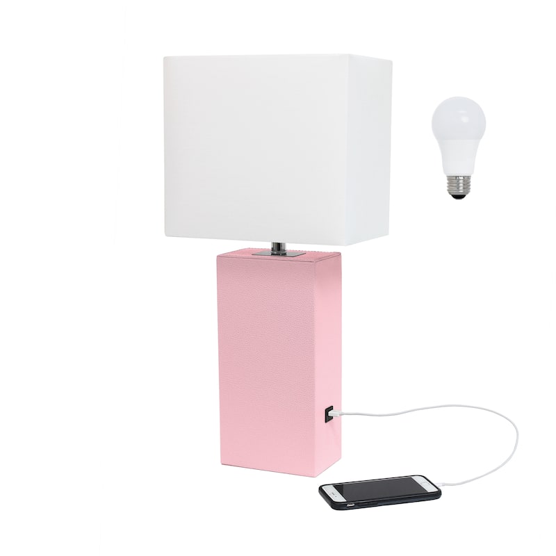 Elegant Designs 21" Modern Leather Wrapped Table Lamp with USB Port, With LED Bulb - White Shade/Pink Base