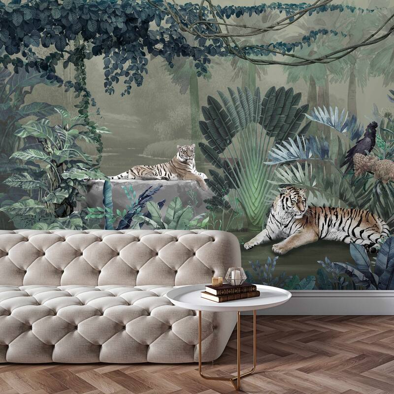Exquisite Jungle Wallpaper Mural Tigers Tropical Flora Exotic Birds