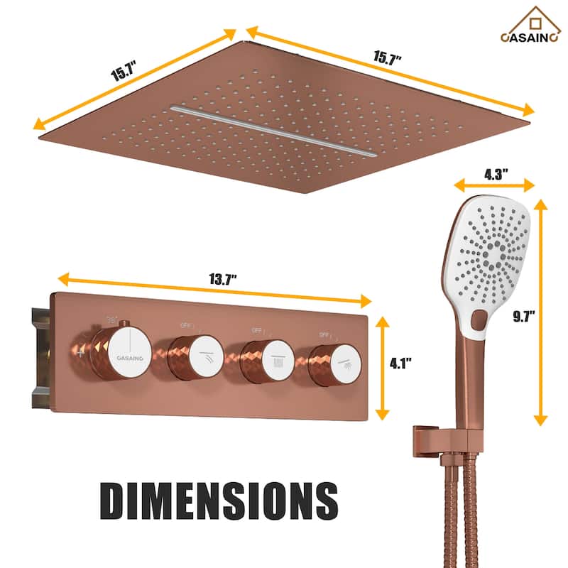 Luxury Thermostatic Shower System 5-Spray Patterns 16" Ceiling Mount Fixed and Handheld Shower Head - 15.7" x 15.7"