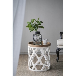 Wood Hollow Round End Table Accent Side Table w/ Natural Tray Top - Bed ...