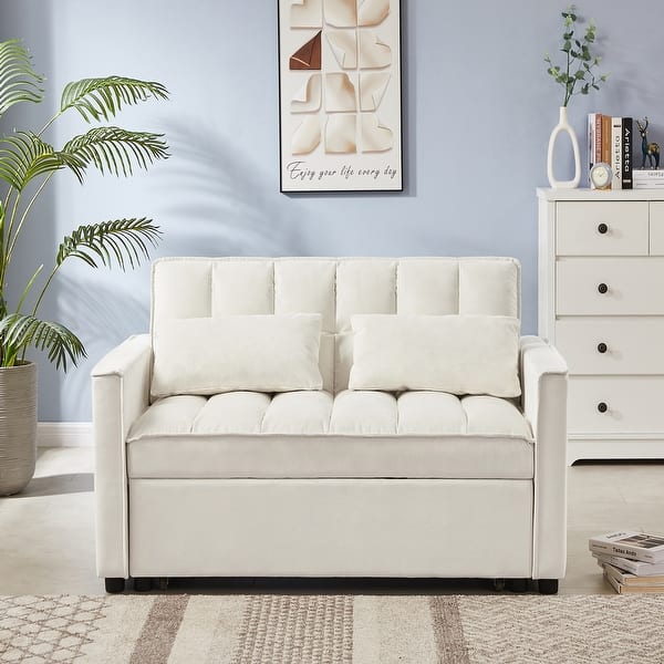 Offwhite Velvet Sofa Bed Upholstered Tufted Loveseat with 2 pillows