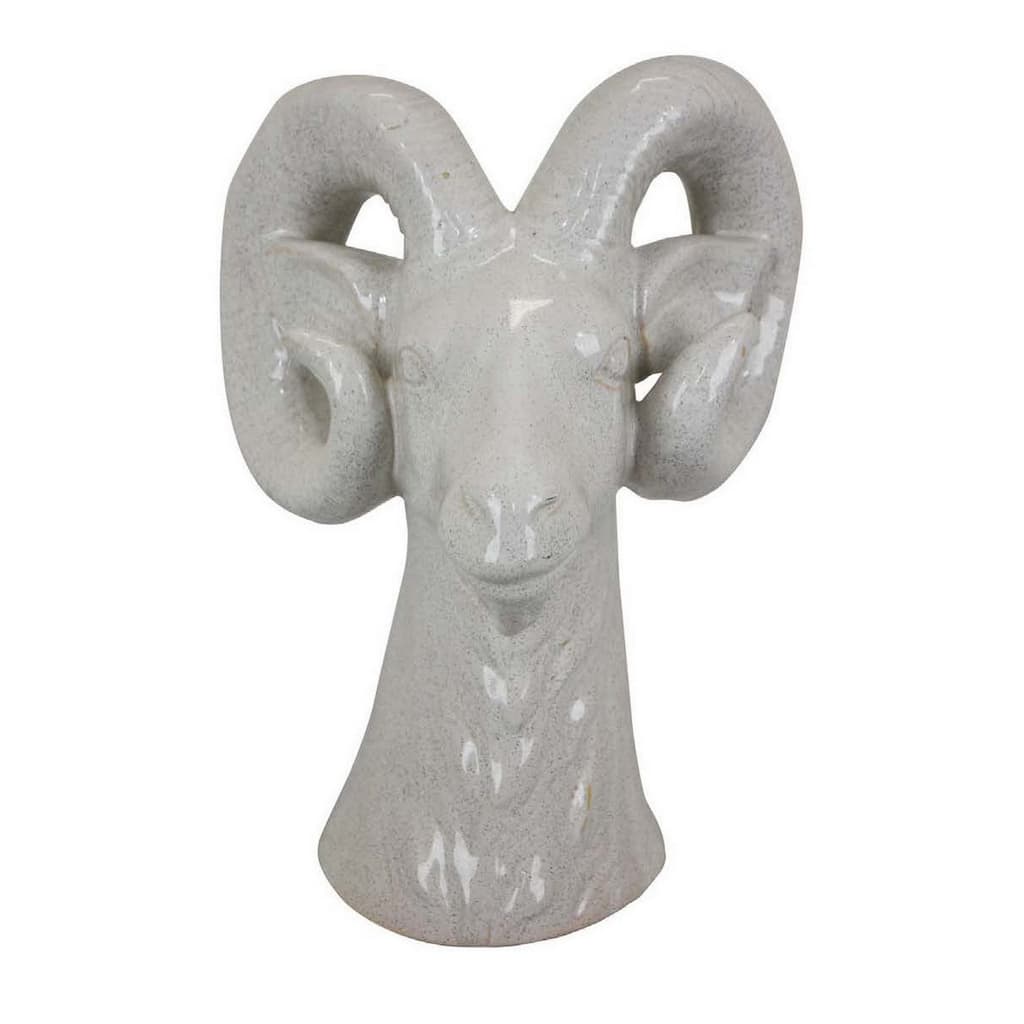 Accent Tabletop Decor, Strong Ram Head Design, White Ceramic 14 Inch