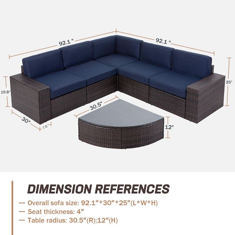 Suncrown Outdoor 6-piece Brown Rattan Sectional Sofa Set with Table