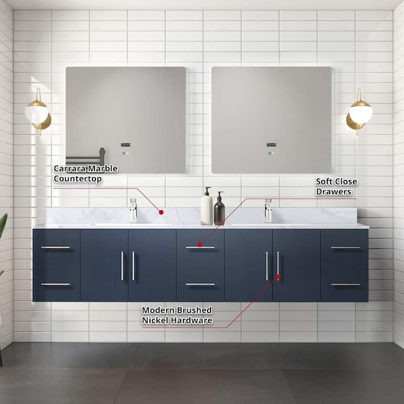 Geneva 84 in. W x 22 in. D Glossy White Double Bath Vanity and Carrara Marble Top