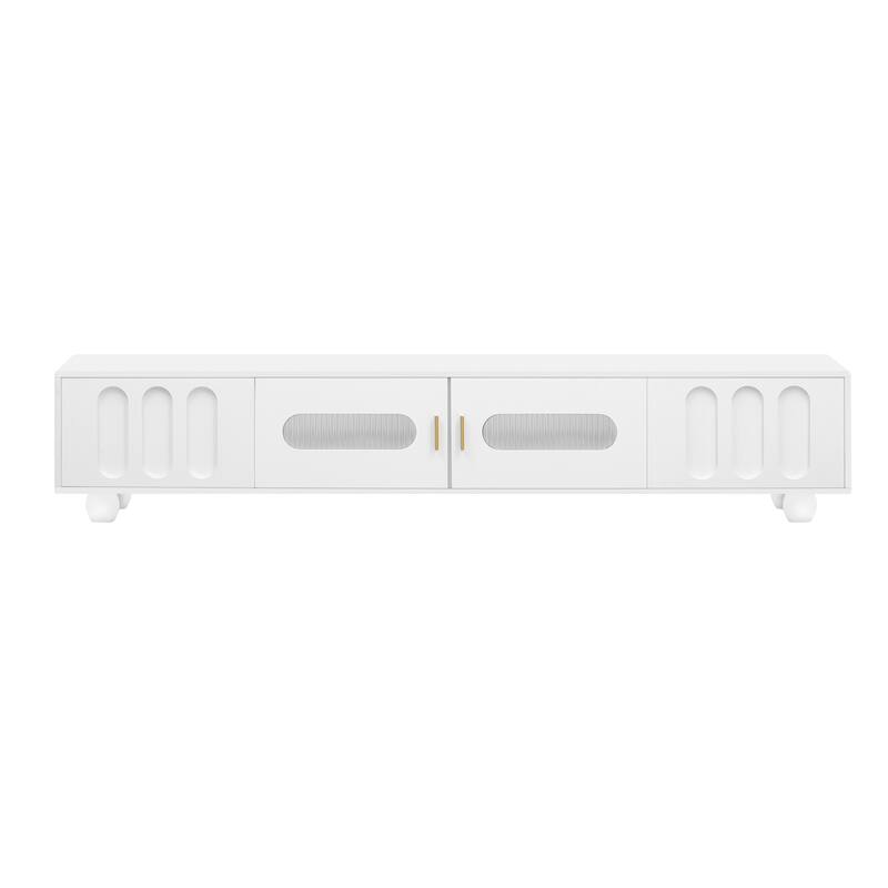 Entertainment Center with Glass Door, 2 Drawers, Solid Wood Legs - White