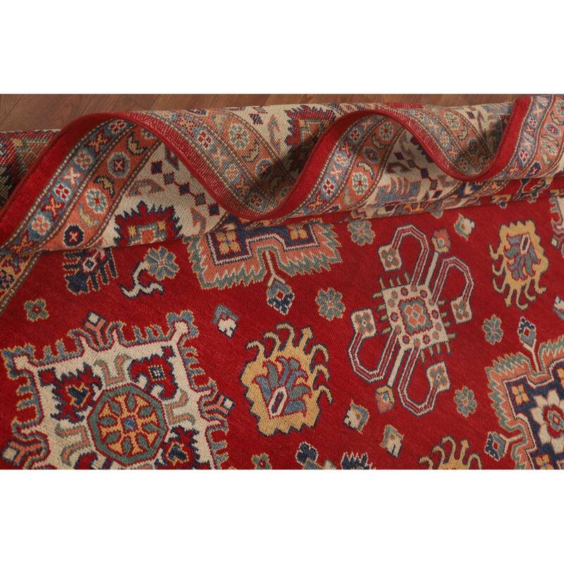 Red Kazak Area Rug Handmade Geometric Wool Carpet - 7'2"x 10'0"