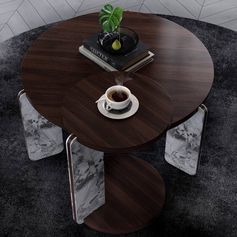 Modern Coffee Table with End Table Set, Durable Walnut Veneered MDF Center Table, Side Table for Living Room