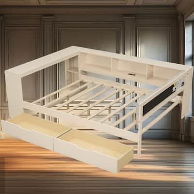 Wood Full Size Platform Bed with Upholstered Headboard, Storage Shelves & Charging Station for Small Space, Apartment