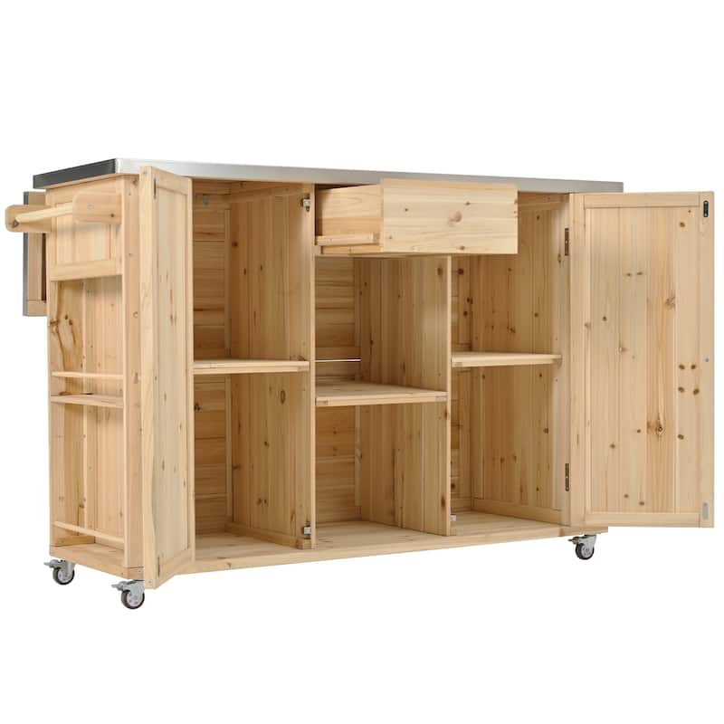 Outdoor Kitchen Island with Foldable Stainless Steel Top & Bottle Opener, Fir Wood Kitchen Island with Shelves and Towel Racks