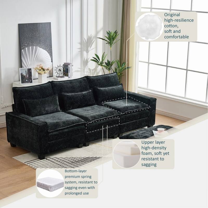 Cloud Chenille L-shaped Sectional Sofa, Deep Seat Couch with Thick Cushions, Movable Ottoman and Waist Pillows for Living Room